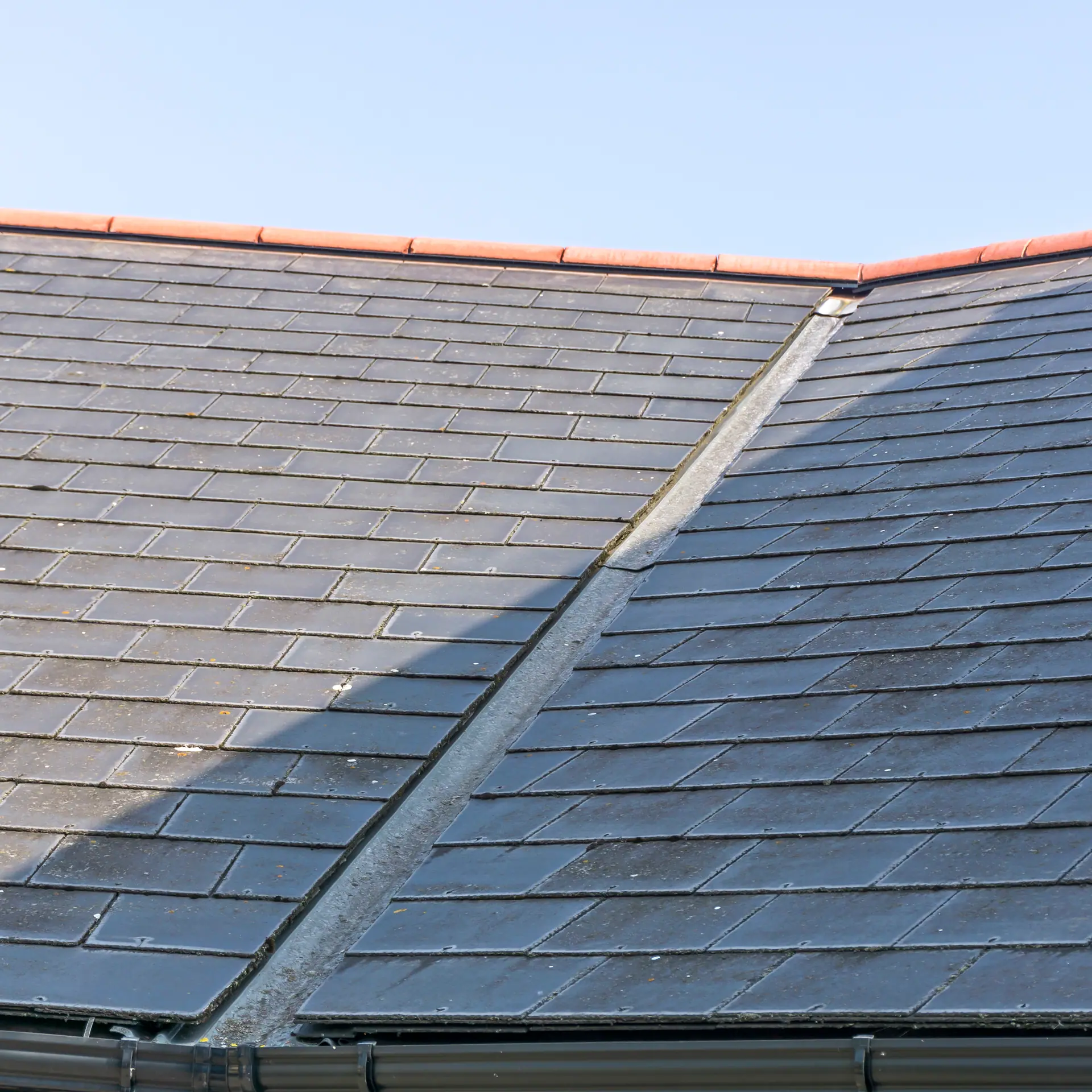 Roof showing lead valley and slates completed in Poole by Apex Roofing Services Ltd