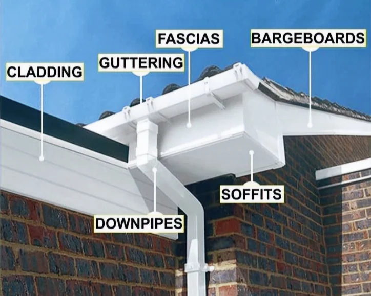 White uPVC gutter system fitted to a house exterior in Bournemouth by Apex Roofing Services