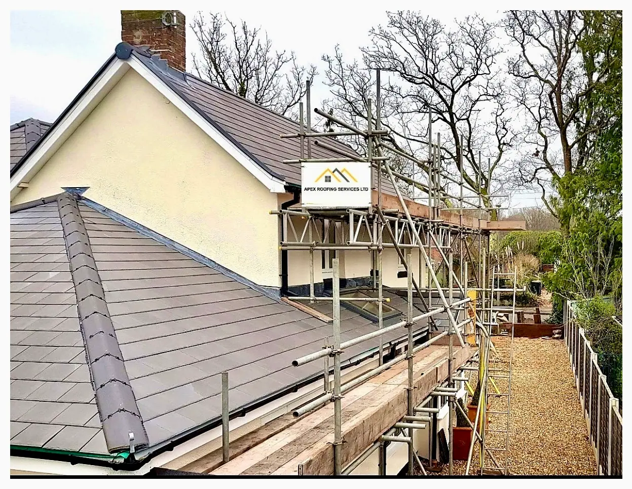 Apex Roofing Services Ltd banner on a re-roofing project in Verwood, Dorset